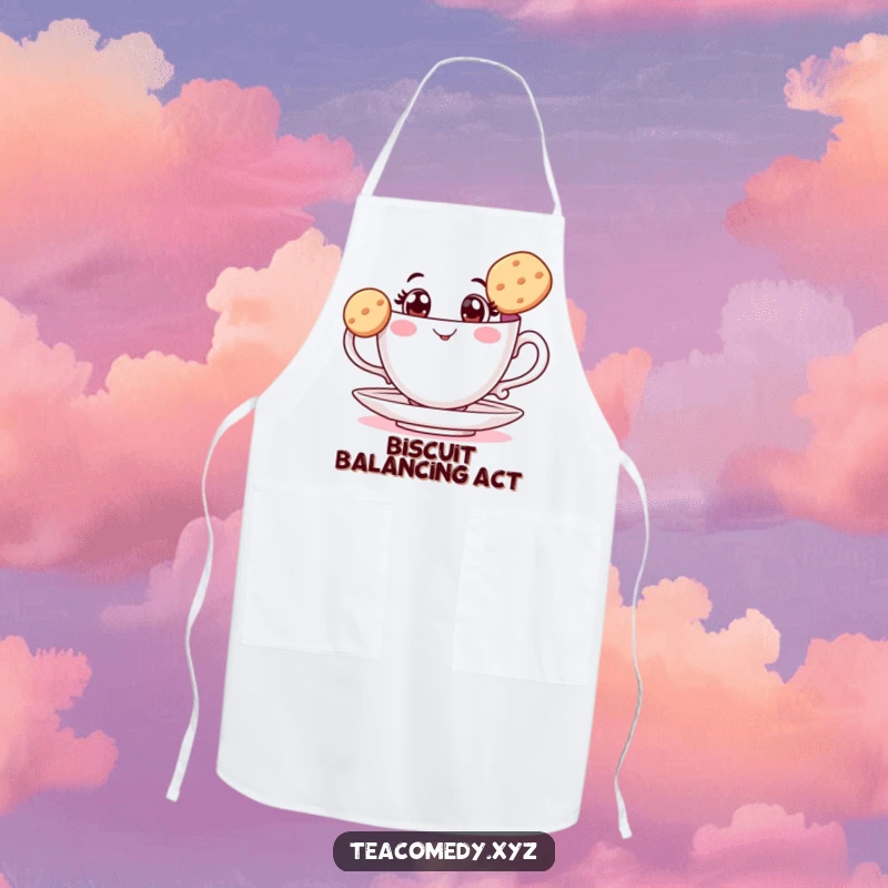 Funny teacup apron showing a wide-eyed cup balancing a biscuit, perfect for a humorous and stylish kitchen companion.
