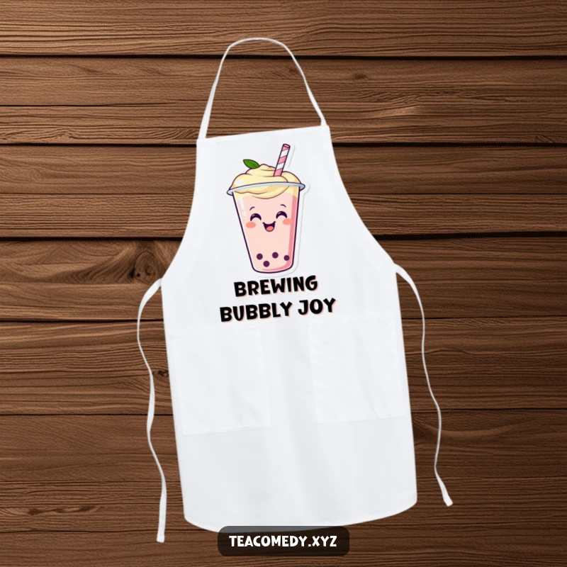 Funny apron with a happy boba tea cup with a straw wiggling with glee, cartoon kitchen wear.