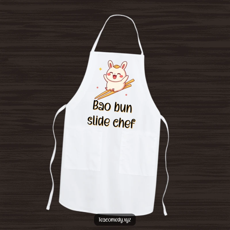 Funny bao bun apron with a delighted bao bun character playfully sliding down a rainbow made of chopsticks, perfect for a playful cook.