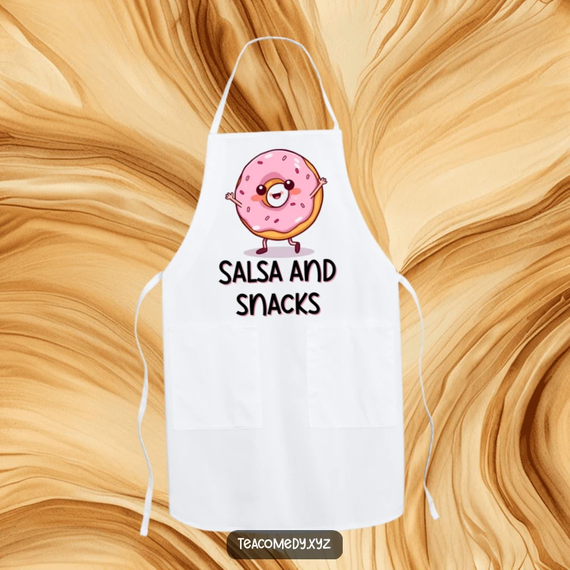Funny donut apron showing a pastry with legs doing the salsa, perfect for a humorous and stylish kitchen experience.