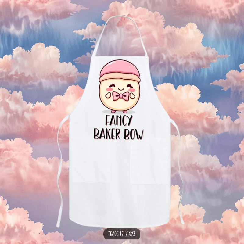 Funny macaron apron showing a pastry in a tiny bowtie, doing a cheerful curtsey, perfect for a humorous and stylish baking experience.