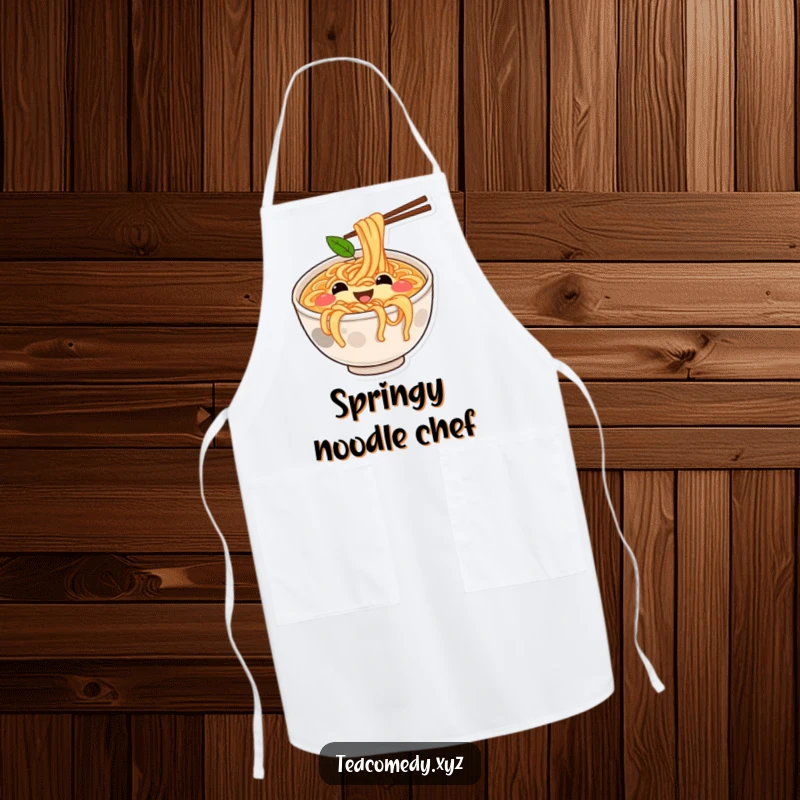 Funny apron with a joyful ramen bowl character bouncing on noodles, cartoon kitchen wear for food lovers.