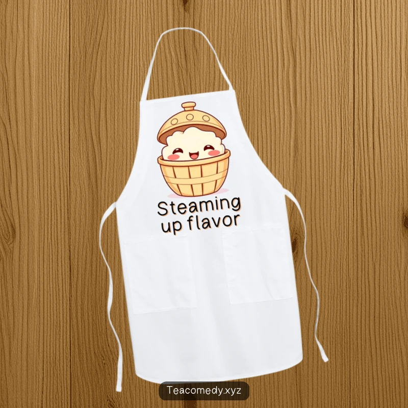Funny apron with a smiling dim sum basket peeking from under a steaming lid, cartoon kitchen wear.