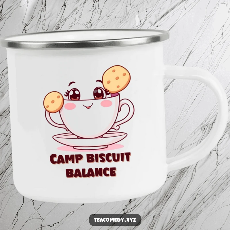 Funny teacup camping mug with wide eyes balancing a biscuit, designed for outdoor adventures with a touch of whimsical charm.