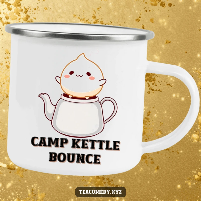 Funny mochi camping mug with a cheerful mochi ball character bouncing on a steaming tea kettle spout, ready for outdoor fun.