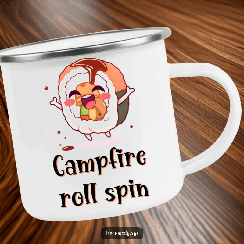 Funny sushi roll camping mug with a giggling sushi roll character spinning joyfully with a soy sauce drizzle, ready for outdoor fun.