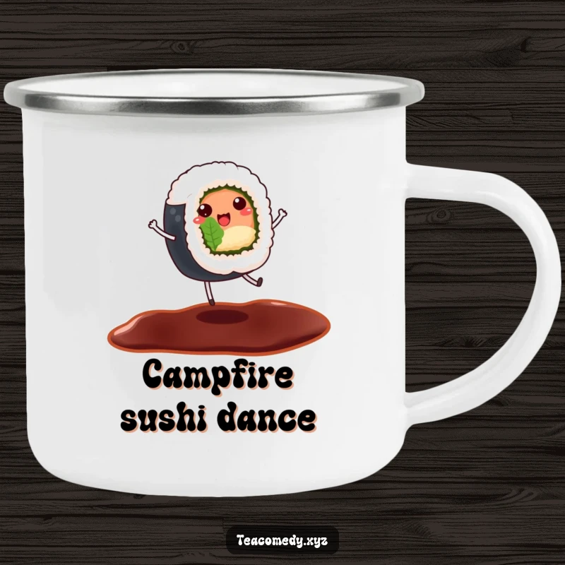 Funny enamel camping mug featuring a cheerful sushi roll dancing on a soy sauce puddle, cartoon style.