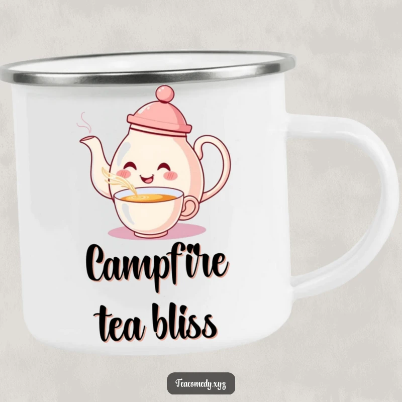 Funny Teapot Camping Mug: A smiling teapot with a hat pouring tea with a flourish, ideal for outdoor enjoyment.