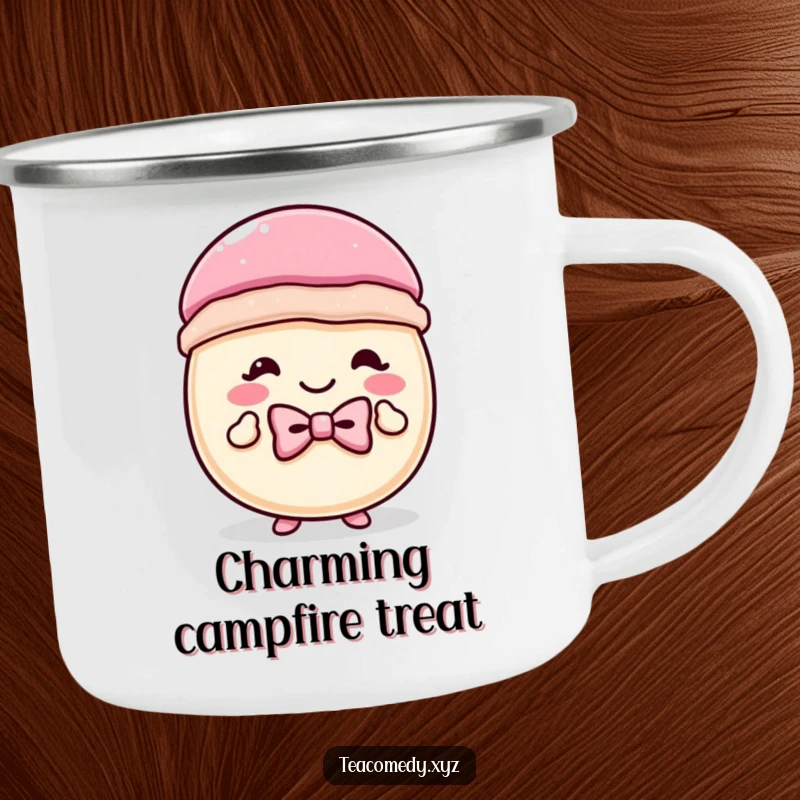 Funny macaron camping mug with a tiny bowtie doing a curtsey, designed for outdoor fun with a dash of sweet elegance.