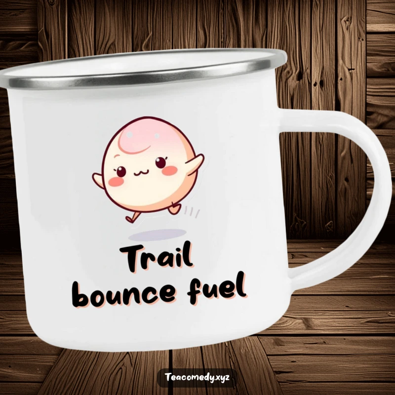 Funny Mochi Camping Mug with a cheerful mochi character bouncing, ideal for enjoying hot drinks during outdoor activities.