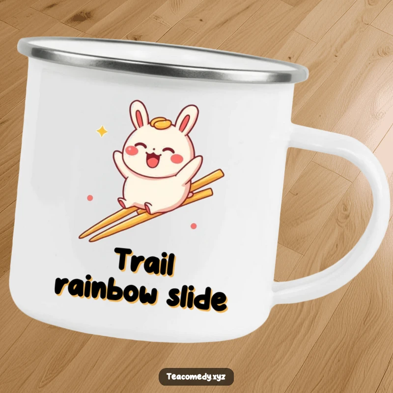 Funny bao bun camping mug with a delighted bao bun character sliding down a rainbow made of chopsticks, ready for outdoor fun.