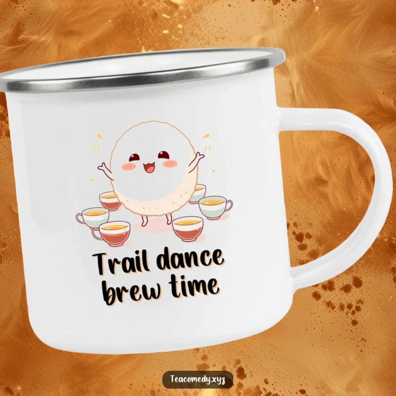Funny camping mug showcasing an ecstatic rice ball character dancing merrily amidst tiny tea cups, designed for outdoor enjoyment and humor.