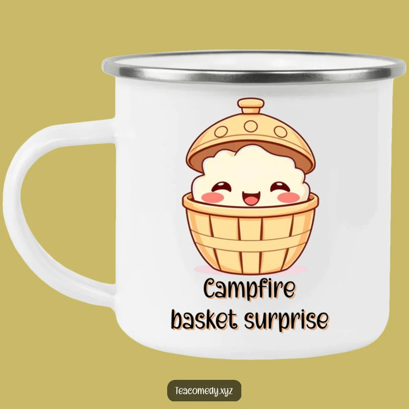 Funny Dim Sum Camping Mug - Smiling Basket Enamel, Hilarious Outdoor Foodie Gift