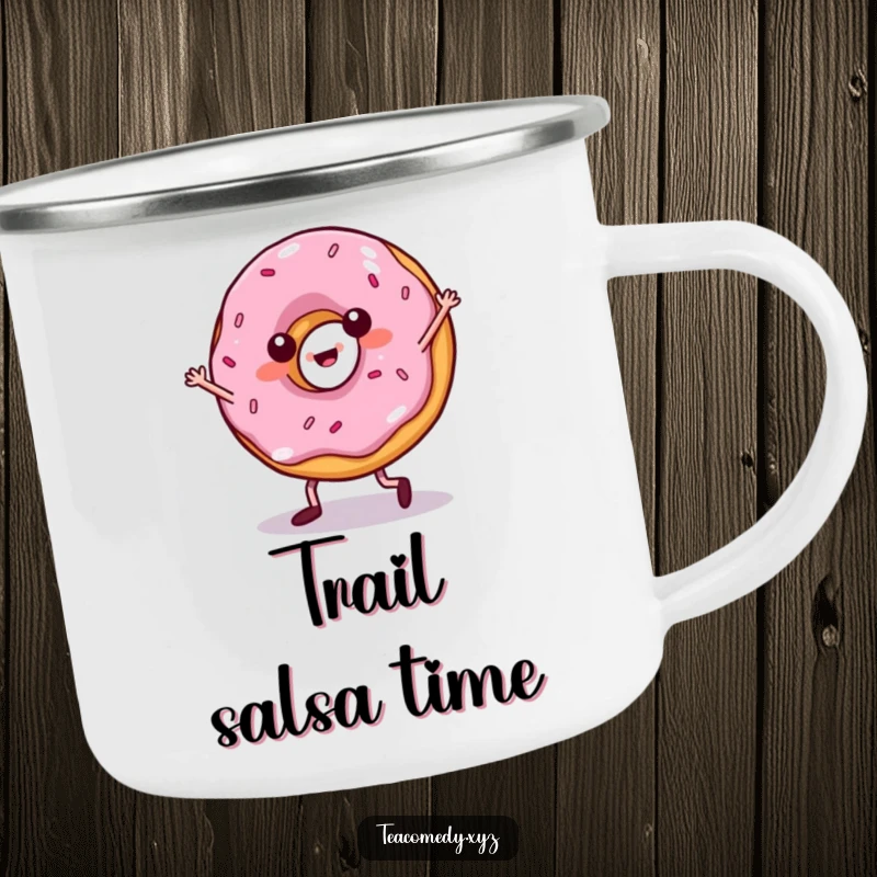 Funny donut camping mug with tiny legs salsa dancing, designed for outdoor adventures and bringing laughter to every sip.
