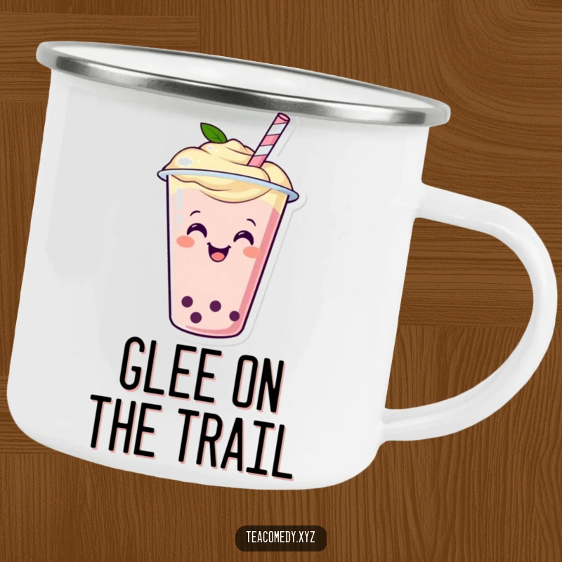Funny enamel camping mug featuring a happy boba tea cup with a straw wiggling with glee, cartoon style.