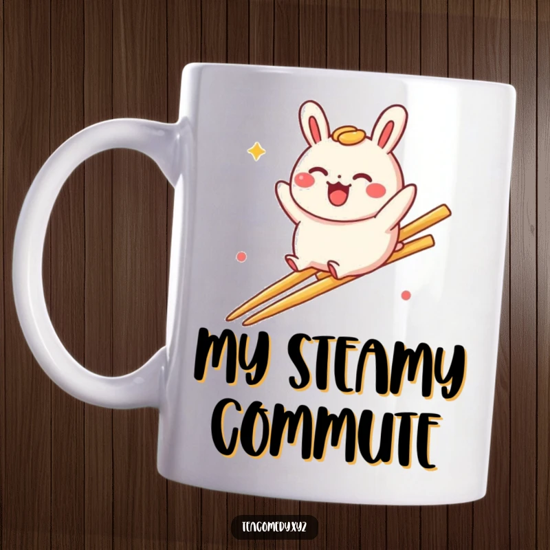 Funny bao bun mug featuring a delighted bao bun character playfully sliding down a rainbow made of chopsticks, full of glee.