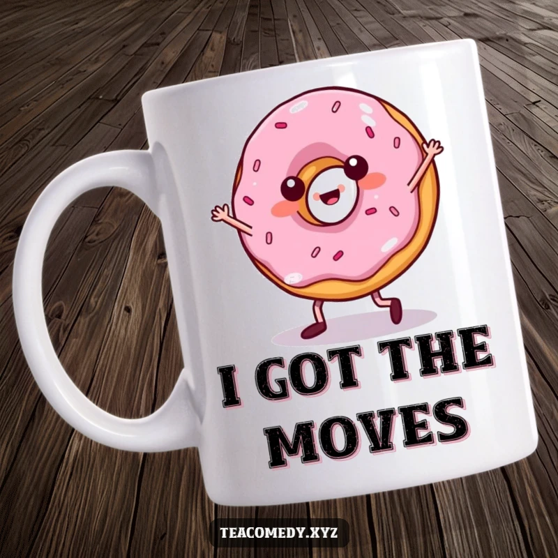 Funny donut mug with tiny legs doing the salsa, a sweet and energetic dance move, showcasing pure joy.