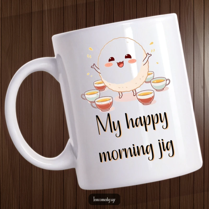 Funny mug with a happy, dancing rice ball character joyfully grooving beside a scattering of small tea cups, perfect for gifting.