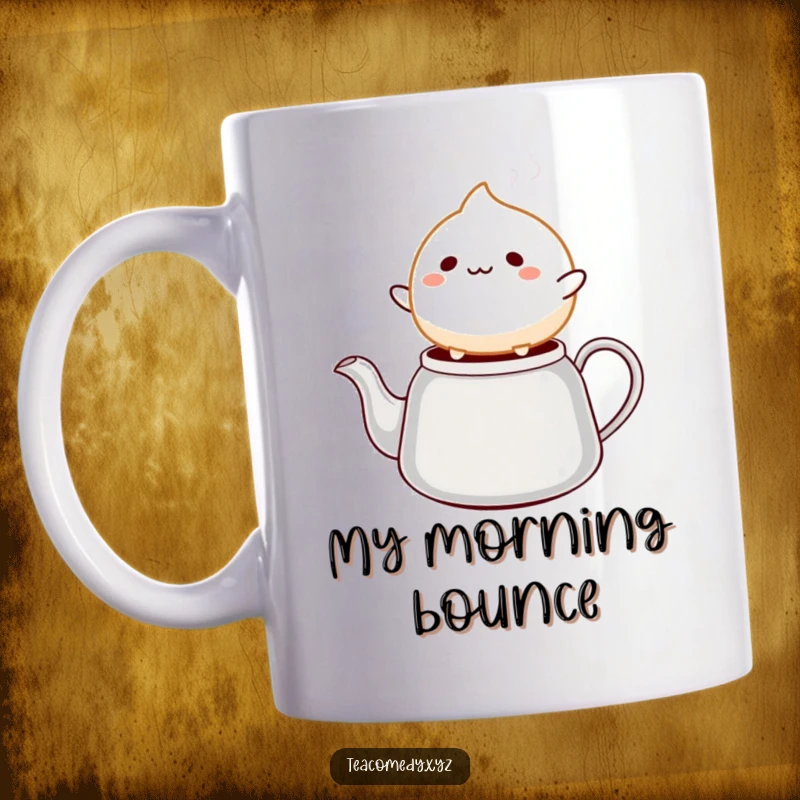 Funny mochi mug featuring a cheerful mochi ball character happily bouncing on a steaming tea kettle spout, radiating pure joy.