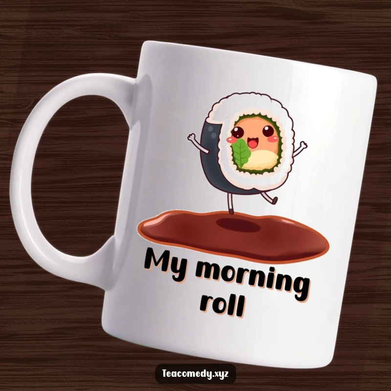 Funny cheerful sushi roll with tiny legs dancing playfully on a soy sauce puddle, a cute food character illustration.