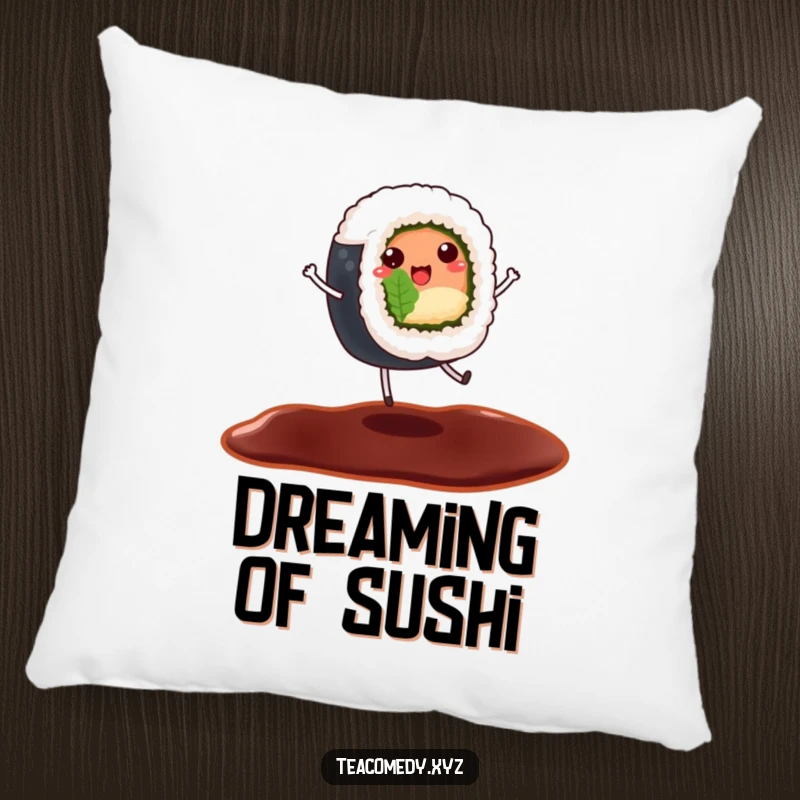 Funny pillow featuring a cheerful sushi roll dancing on a soy sauce puddle, soft cartoon comfort.