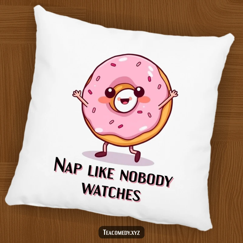 Funny donut pillow with tiny legs salsa dancing, a soft and cuddly accent pillow that brings humor and charm.