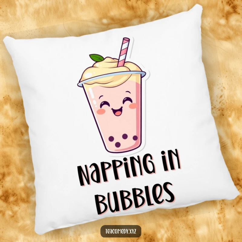Funny pillow featuring a happy boba tea cup with a straw wiggling with glee, soft cartoon comfort.