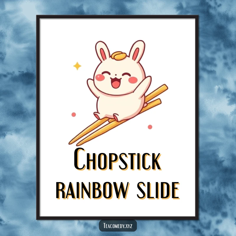 Funny bao bun digital art print of a delighted bao bun character playfully sliding down a rainbow made of chopsticks, full of joy.