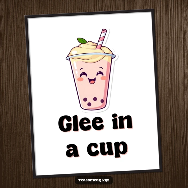 Funny digital art print of a happy boba tea cup with a straw wiggling with glee, cartoon illustration.