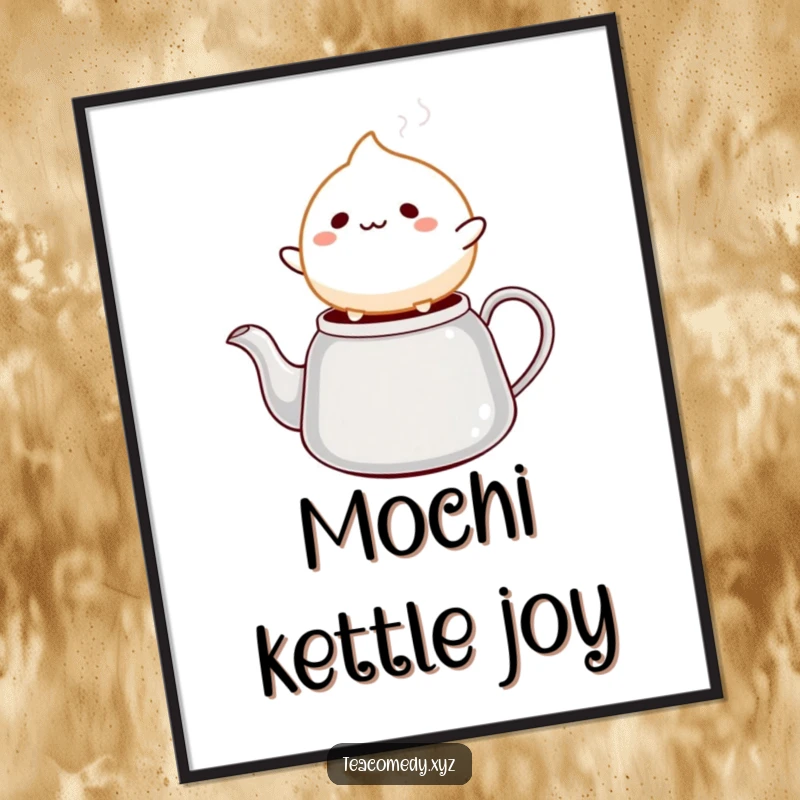 Funny mochi digital art print of a cheerful mochi ball character happily bouncing on a steaming tea kettle spout, full of joy.