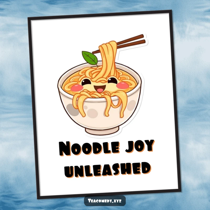 Funny digital art print of a joyful ramen bowl bouncing on noodles, cartoon food illustration for instant cheer.