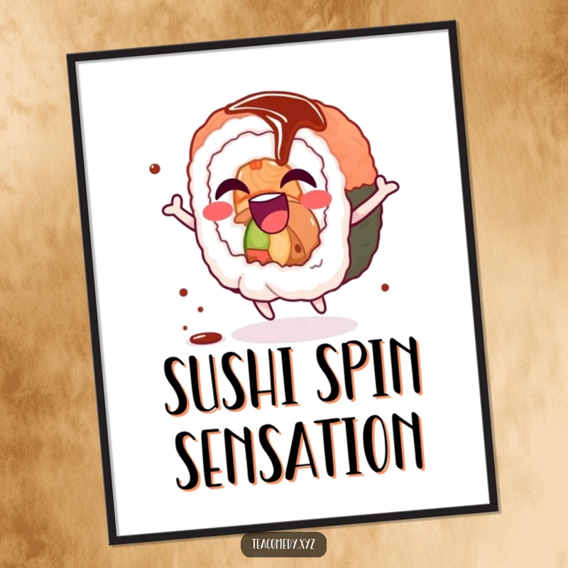 Funny sushi roll digital art print of a giggling sushi roll character doing a joyful spin with a soy sauce drizzle, full of happiness.