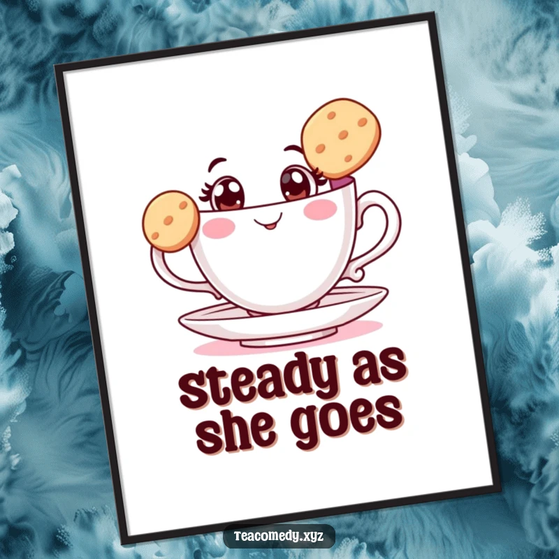 Funny teacup digital art print of a wide-eyed cup balancing a biscuit, offering a charming and humorous visual for decor.