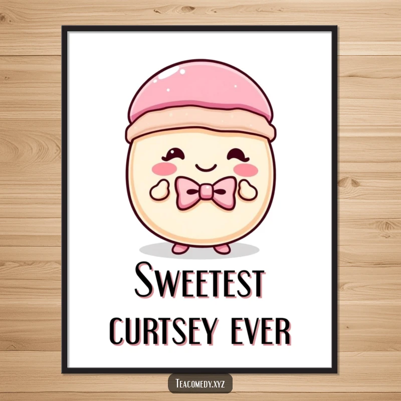 Funny macaron digital art print of a happy pastry wearing a tiny bowtie, performing a curtsey, offering charming and humorous decor.