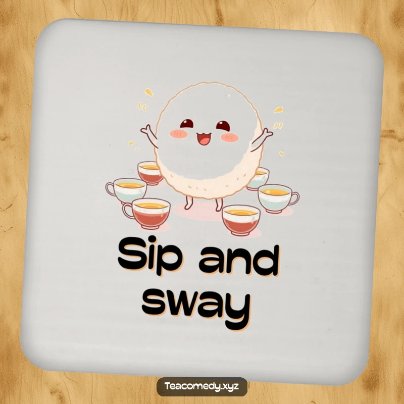 Funny drink coasters featuring a playful rice ball character dancing with tiny tea cups, protecting surfaces with a humorous illustration.