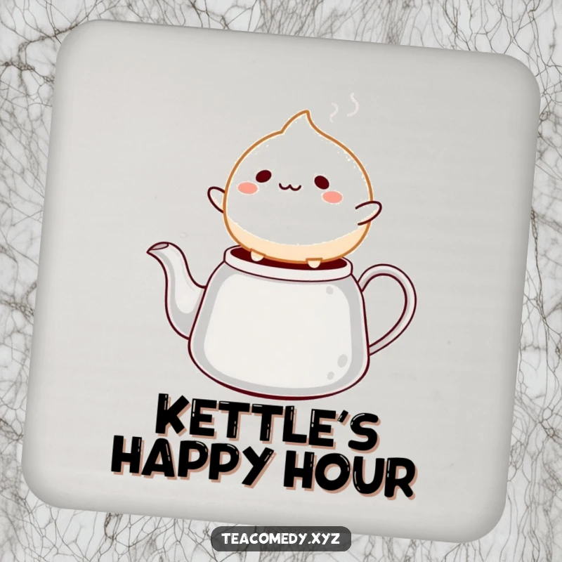 Funny mochi drink coaster featuring a cheerful mochi ball character bouncing on a steaming tea kettle spout, protecting your surfaces.