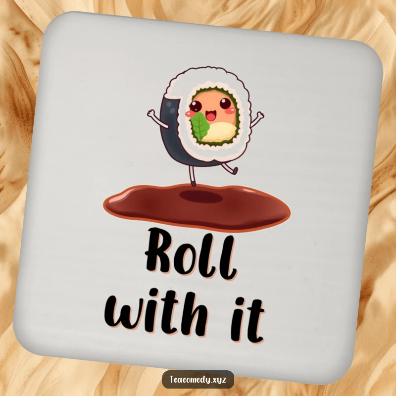 Funny coaster featuring a cheerful sushi roll dancing on a soy sauce puddle, cartoon protection.