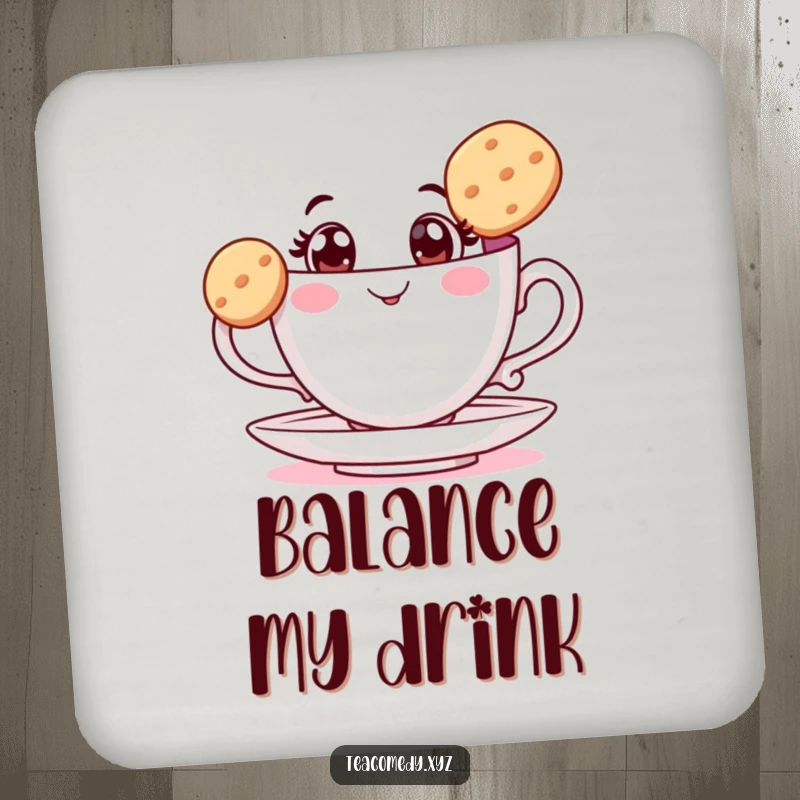 Funny teacup coaster featuring a wide-eyed cup balancing a biscuit, a functional and humorous accessory for drink protection.