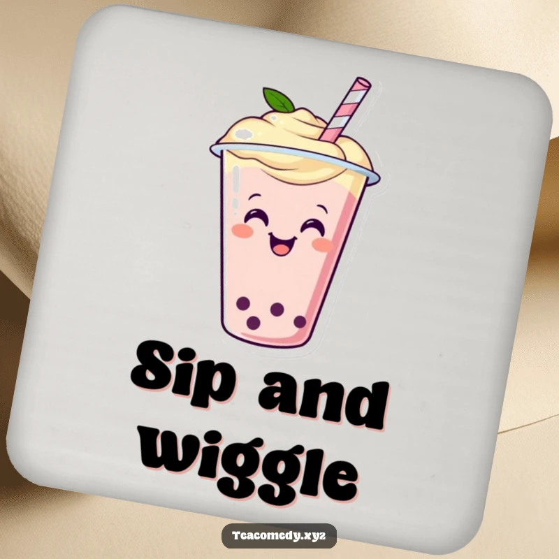 Funny coaster featuring a happy boba tea cup with a straw wiggling with glee, cartoon protection.