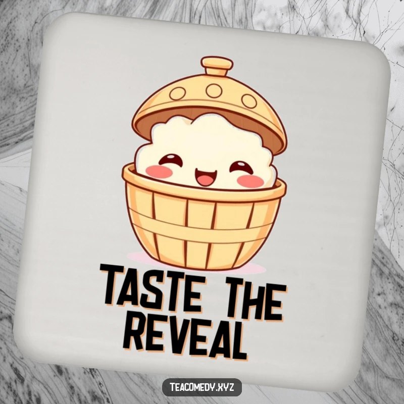Funny coaster featuring a smiling dim sum basket peeking from under a steaming lid, cartoon protection.