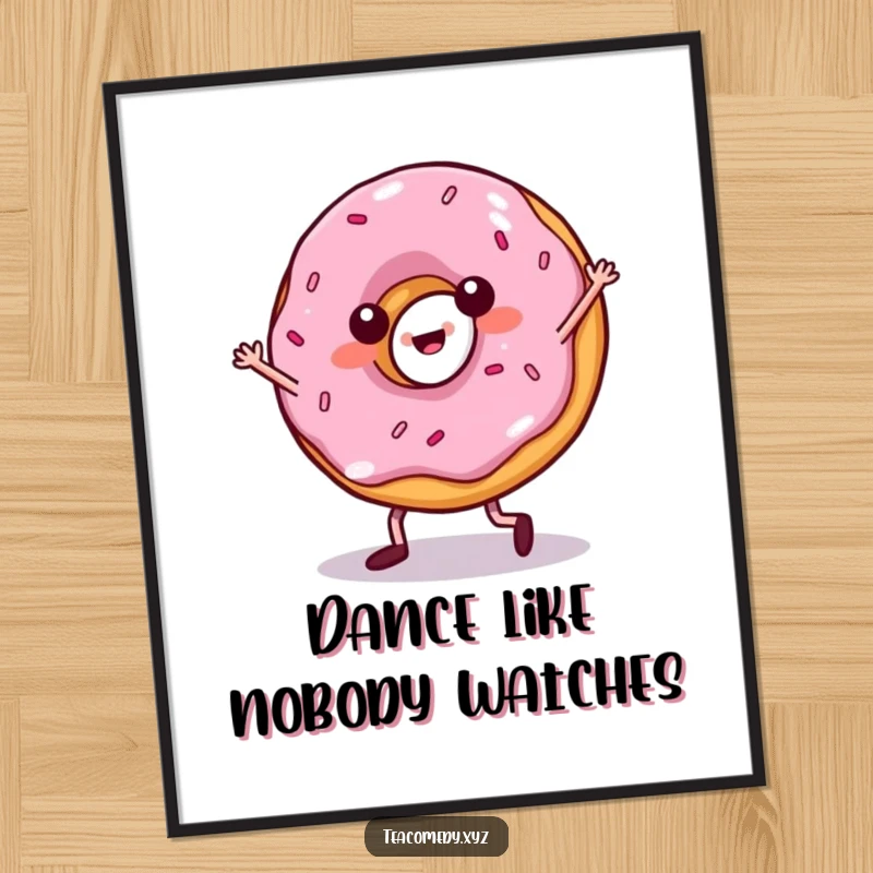 Funny donut poster depicting a small-legged pastry energetically salsa dancing, bringing a lively and humorous vibe to any room.