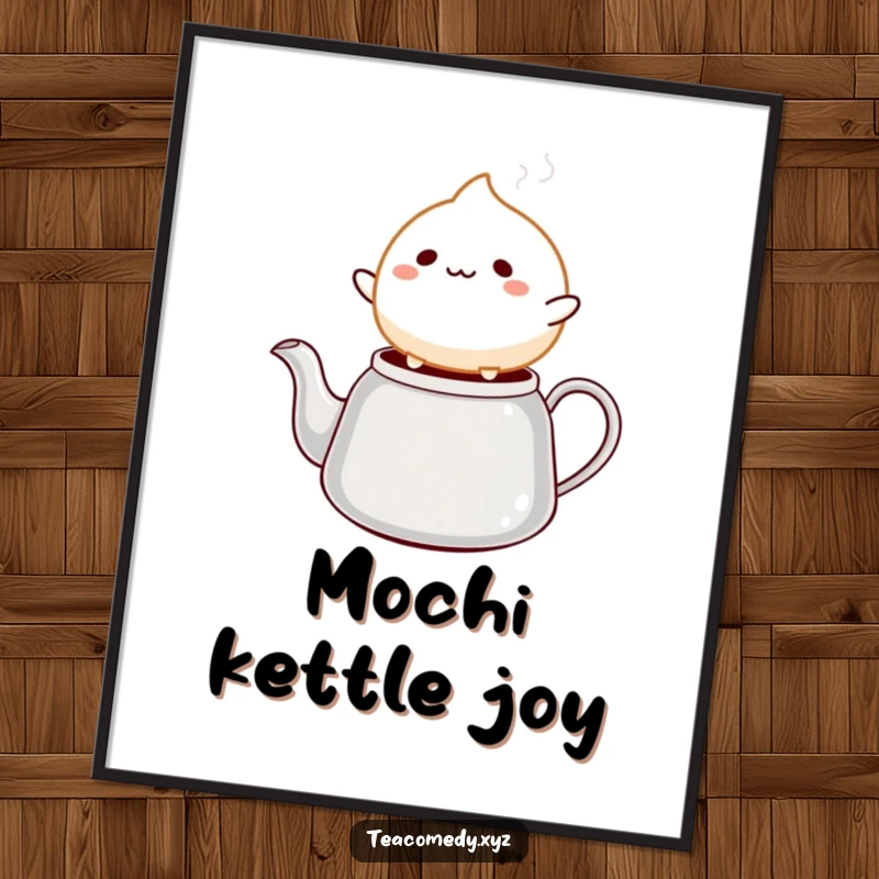 Funny mochi poster depicting a cheerful mochi ball character happily bouncing on a steaming tea kettle spout, bringing vibrant energy.