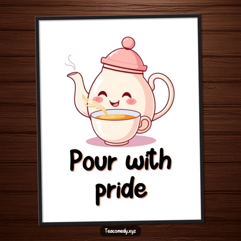 Funny Teapot Poster: A smiling teapot in a hat elegantly pouring a steaming cup of tea with a flourish.