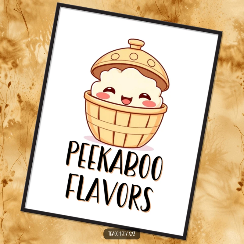 Funny poster art of a smiling dim sum basket playfully peeking from under a steaming lid, whimsical food illustration.