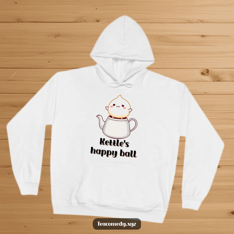 Funny mochi hoodie featuring a cheerful mochi ball character bouncing on a steaming tea kettle spout, radiating warmth and joy.