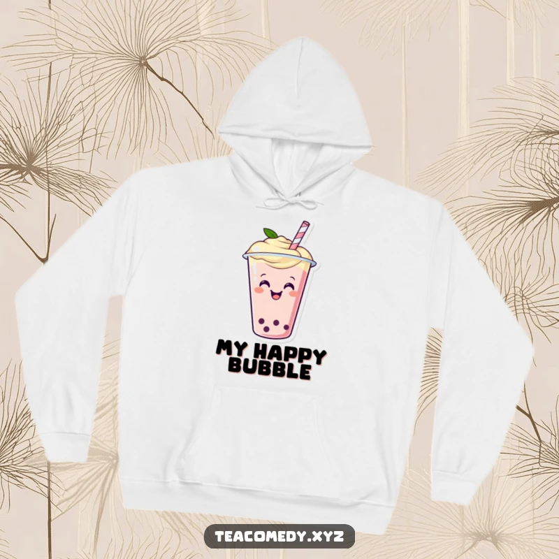 Funny hoodie with a happy boba tea cup with a straw wiggling with glee, cozy cartoon comfort.