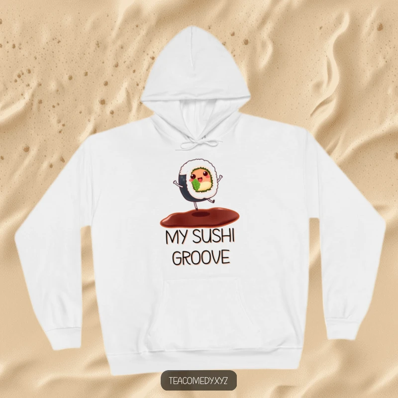 Funny hoodie with a cheerful sushi roll dancing on a soy sauce puddle, cute food cartoon character.