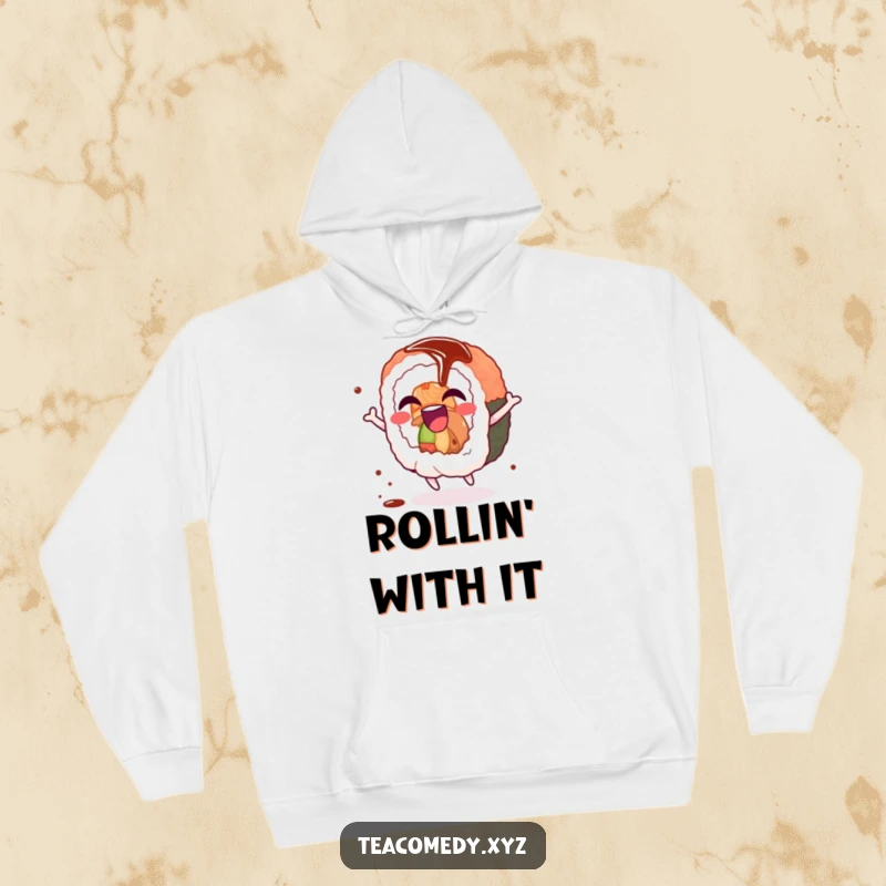Funny sushi hoodie featuring a giggling sushi roll character spinning joyfully with a soy sauce drizzle, offering warmth and fun.