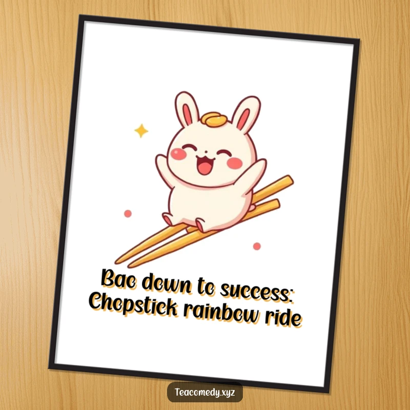 Funny Free Printable Wall Art: A delighted bao bun character playfully slides down a vibrant rainbow made of chopsticks.