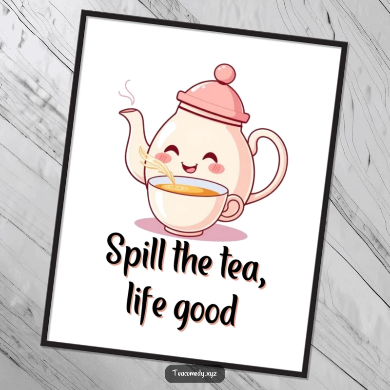 Funny Free Printable Wall Art: A smiling teapot wearing a hat, pouring a steaming cup of tea with a flourish.